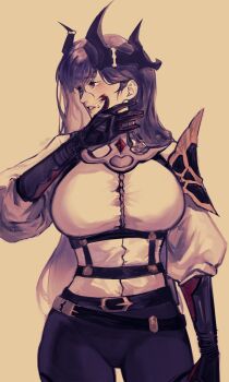 1girl absurdres armor belt black_eyes black_gloves black_hair blood blood_on_face breasts brooch caera_denoir chest_belt contrapposto cowboy_shot elbow_gloves expressionless gloves helmet highres jewelry logicsterrr long_hair looking_to_the_side parted_lips shirt shoulder_armor single_shoulder_pad solo the_beginning_after_the_end thigh_gap tight_clothes tight_shirt wide_sleeves wiping_face