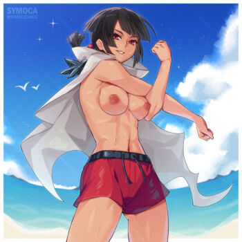 1girl abs beach bird black_hair blue_sky breasts cape cloak cloud dark-skinned_female dark_skin grin looking_at_viewer male_swimwear muscular nintendo nipples ocean outdoors pokemon pokemon_oras ponytail red_eyes short_hair short_ponytail shorts sky smile solo stretching swim_trunks swimsuit symoca topless_female water zinnia_(pokemon)