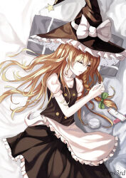 Rule 34 | 1girl, apron, artist name, black skirt, black vest, blonde hair, bow, braid, closed eyes, commentary request, eps3rd, green bow, hair bow, hat, hat bow, hat ornament, head on pillow, highres, kirisame marisa, long hair, lying, makeup request, on side, own hands together, short sleeves, side braid, single braid, skirt, sleeping, solo, star (symbol), star hat ornament, touhou, vest, waist apron, white bow, witch hat