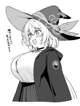 1girl :d blue_archive blush braid breasts button_gap eri_(blue_archive) greyscale hat highres large_breasts long_hair monochrome open_mouth simple_background single_braid smile solo white_background witch_hat yue_(show-ei)