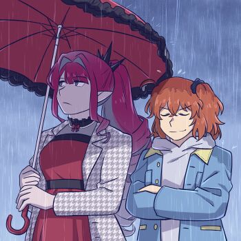 Rule 34 | 2girls, absurdres, baobhan sith (a break in the rainy season) (fate), baobhan sith (fate), blue jacket, breasts, closed eyes, colored inner hair, cosplay, crossed arms, dress, drill hair, drill sidelocks, fate/grand order, fate (series), fujimaru ritsuka (female), fujimaru ritsuka (male), fujimaru ritsuka (male) (a break in the rainy season), fujimaru ritsuka (male) (cosplay), grey eyes, grey hair, grey hoodie, hair intakes, hair ornament, hair scrunchie, highres, holding, holding umbrella, hood, hoodie, jacket, large breasts, multicolored hair, multiple girls, one side up, orange hair, pale skin, ponytail, purple hair, rain, red dress, scrunchie, sidelocks, two-tone hair, umbrella, vincent-san