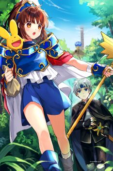 1boy 1girl arle_nadja armor artist_name bag black_cape black_gloves black_pants black_shirt blue_armor blue_boots blue_eyes blue_headband blue_skirt blue_sky boots bracer breastplate brown_eyes brown_hair cape carbuncle_(puyopuyo) chest_guard closed_mouth cloud creature creature_on_shoulder fingerless_gloves forest gloves grey_hair hand_on_hilt headband headpiece highres holding holding_bag holding_sheath holding_staff kuroda_(kuro_yyy) medium_hair money_bag nature on_shoulder open_mouth pants pauldrons plant puyo_(puyopuyo) puyopuyo red_cape schezo_wegey sheath sheathed shirt short_hair shoulder_armor signature skirt sky smile staff standing sword teeth tower tree two-sided_cape two-sided_fabric upper_teeth_only waku_waku_puyo_dungeon walking weapon white_cape white_shirt wristband