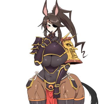 1girl animal_ears armor black_bodysuit black_eyes black_thighhighs blush bodysuit breasts brown_hair centaur commentary_request covered_navel cowboy_shot eyepatch gauntlets hand_up highres horse_ears horse_tail impossible_bodysuit impossible_clothes japanese_armor korean_commentary kote kurokote large_breasts long_hair looking_at_viewer mannungei monster_girl multiple_legs original parted_lips pelvic_curtain pointy_ears ponytail shoulder_armor shoulder_spikes sidelocks simple_background skindentation sode solo spikes standing tail taur thighhighs white_background