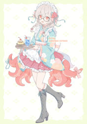 Rule 34 | 1girl, apron, back bow, black-framed eyewear, black footwear, blue kimono, boots, bow, braid, bright pupils, brown hair, commentary request, drink, flower, food, full body, glasses, grey background, hair flower, hair ornament, hands up, high heel boots, high heels, holding, holding tray, japanese clothes, kimono, kinutani yutaka, long sleeves, looking at viewer, maid, maid apron, maid headdress, octopus hair ornament, open mouth, original, pudding, red eyes, red skirt, skirt, solo, standing, standing on one leg, tentacles, tray, twin braids, white background, white pupils, wide sleeves