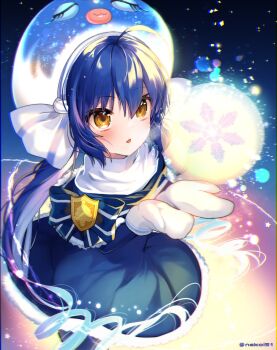 Rule 34 | 1girl, ahoge, black background, blue background, blue bow, blue bowtie, blue capelet, blue dress, blue hair, blue hat, blue pantyhose, blurry, blush, bokeh, bow, bowtie, capelet, chestnut mouth, chromatic aberration, depth of field, dress, eel hat, fang, fur-trimmed capelet, fur-trimmed dress, fur trim, gradient background, hair bow, hat, hexagon, highres, light particles, long hair, long sleeves, mittens, multicolored background, nekoi51, night, otomachi una, pantyhose, parted lips, purple background, scarf, skin fang, snowflakes, solo, star (symbol), twintails, twitter username, underlighting, very long hair, vocaloid, white bow, white mittens, white scarf, winter clothes, yellow background, yellow eyes