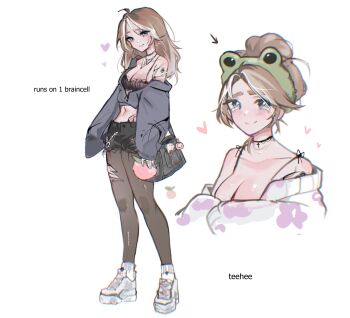 absurdres artist_self-insert blonde_hair blush breasts choker cleavage heart highres hood hoodie long_hair meme naiichie original pantyhose shoes shorts smile tears torn_clothes torn_pantyhose women_on_twitter_(meme)