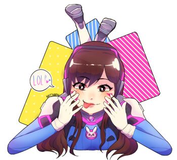 1girl animal_print artist_name blue_bodysuit bodysuit breasts brown_eyes brown_hair commentary crossed_legs d.va_(overwatch) facepaint facial_mark female_focus full_body gloves hands_on_own_cheeks hands_on_own_face headphones high_collar long_hair looking_at_viewer lying making_faces mecha_pilot_suit natsukyu on_stomach outline overwatch overwatch_1 pink_lips rabbit_print ribbed_bodysuit shoulder_pads signature skin_tight small_breasts solo speech_bubble swept_bangs tongue tongue_out transparent_background whisker_markings white_gloves