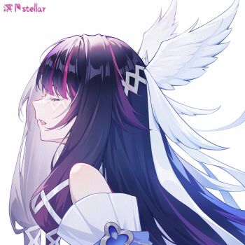 1girl absurdres artist_name bare_shoulders black_hair chinese_commentary closed_eyes columbina_(genshin_impact) commentary_request eye_mask from_side genshin_impact hair_ornament head_wings highres long_hair mask mingyang_stellar multicolored_hair open_mouth parted_lips pink_hair profile purple_hair simple_background solo streaked_hair upper_body white_background wing_hair_ornament wings x_hair_ornament