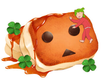 1girl barefoot character-themed_food clover commentary danboo english_commentary food food_focus four-leaf_clover green_hair koiwai_yotsuba meowsandmeow no_humans on_food open_mouth oversized_food oversized_object pajamas pancake red_pajamas simple_background sleeping solo souffle_pancake syrup white_background yotsubato!