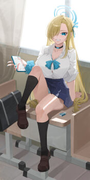 1girl absurdres arm_at_side arm_support asuna_(blue_archive) asymmetrical_bangs bag baihua-y black_bag black_choker black_socks blonde_hair blue_archive blue_bow blue_bowtie blue_eyes blue_halo blue_nails blue_ribbon blue_scrunchie blue_skirt bow bowtie breasts brown_shoes button_gap cellphone chair chinese_commentary choker classroom cleavage commentary_request curtains desk eraser fingernails full_body grin hair_over_one_eye hair_ribbon halo hand_up highres holding holding_phone indoors kneehighs large_breasts leg_up loafers long_bangs long_hair looking_at_viewer loose_bowtie miniskirt mixed-language_commentary nail_polish on_desk one_eye_covered panties pantyshot partial_commentary phone pleated_skirt ribbon school_bag school_chair school_desk scrunchie shirt_tucked_in shoes sitting skirt smartphone smile socks solo straight_hair striped_clothes striped_panties underwear very_long_hair window wrist_cuffs