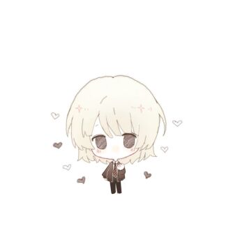 Rule 34 | 1boy, arm at side, black pants, blush, brown cardigan, brown eyes, cardigan, chibi, chibi only, chinese commentary, collared shirt, commentary request, diagonal-striped clothes, diagonal-striped necktie, dress shirt, full body, hand up, heart, highres, legs apart, male focus, necktie, no mouth, pants, saihate eki, shirt, simple background, solo, sparkle, standing, striped clothes, tatsunami shion, white background, white hair, white shirt, xinjinjumin8725928