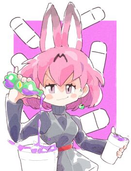 Rule 34 | 1girl, alternate hair color, animal ears, black dougi, bottle, commentary, commission, cosplay, cup, decantering, dougi, dragon ball, dragon ball super, drink, earrings, english commentary, evil smile, extra ears, goku black, goku black (cosplay), holding, holding bottle, holding cup, holding drink, inkerton-kun, jewelry, kemono friends, lean (drink), lean (drug), looking at viewer, meme, pink hair, pinky out, potara earrings, red sash, sash, second-party source, serval (kemono friends), short hair, single earring, smile, soda bottle, solo, sphere earrings, sprite (drink), super saiyan, super saiyan rose, v-shaped eyebrows