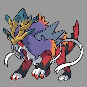 absurdres animal_focus blue_eyes colored_sclera colored_tips commentary english_commentary entei fakemon full_body fusion gen_2_pokemon grey_background highres legendary_pokemon multicolored_eyes multicolored_hair nintendo no_humans open_mouth orange_hair original pokemon pokemon_(creature) pokemon_focus purple_hair raikou red_eyes red_hair rgreywind ribbon simple_background solo suicune white_ribbon yellow_sclera