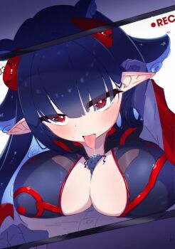 Rule 34 | 1girl, absurdres, black bodysuit, blue hair, bodysuit, breasts, bright pupils, cleavage, commentary, dizzy dokuro, dizzy dokuro (wish), english commentary, hdukl, highres, large breasts, long hair, motion lines, paizuri, phase connect, pointy ears, red eyes, saliva, tentacle hair, tongue, tongue out, virtual youtuber, white pupils