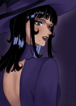 1girl artist_name black_hair black_lips blunt_bangs brown_eyes commentary dress eyeshadow ghostieleeghost hashtag-only_commentary hat highres makeup mascara medium_hair mole mole_on_back nico_robin one_piece parted_lips purple_background purple_dress purple_hat sidelocks solo symbol-only_commentary turtleneck turtleneck_dress witch_hat