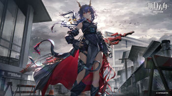 Rule 34 | 1girl, architecture, arknights, bare shoulders, blue hair, ch'en (arknights), ch'en the dawnstreak (arknights), chinese commentary, commentary request, detached sleeves, dragon girl, dragon horns, dragon tail, eastern dragon horns, eastern dragon tail, fingerless gloves, gloves, grey gloves, hair between eyes, highres, horns, logo, long hair, looking at viewer, mrilsweet, official art, ponytail, red eyes, solo, sword, tail, watermark, weapon, weibo username, weibo watermark