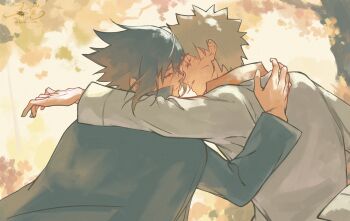 2boys arm_around_shoulder autumn_leaves black_hair black_jacket blonde_hair closed_eyes commentary_request facial_mark hair_between_eyes haruiro_(hrm_ino) highres imminent_kiss jacket leaf male_focus multiple_boys naruto_(series) parted_lips short_hair spiked_hair uchiha_sasuke upper_body uzumaki_naruto whisker_markings white_jacket yaoi