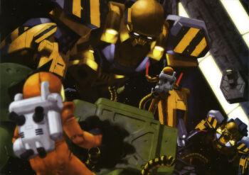 2others artist_request astronaut blurry blurry_foreground cable character_request crossbone_vanguard gundam gundam_f91 gundam_perfect_file highres jetpack machinery magazine_scan mecha mobile_suit multiple_others official_art prototype_design realistic robot scan science_fiction sign space traditional_media warning_sign zero_gravity