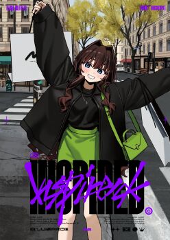 1girl absurdres arms_up bag black_hair black_jacket black_sweater blue_eyes building choppy_bangs commentary_request cover cover_page crosswalk day elisia_valfelto feet_out_of_frame green_bag green_skirt grin hair_ears handbag highres holding holding_bag jacket jewelry long_hair long_sleeves luicent miniskirt necklace open_clothes open_jacket original outdoors outstretched_arms paper_bag pencil_skirt road skirt sleeves_past_wrists smile solo spread_arms standing street sweater sweater_tucked_in tree urban