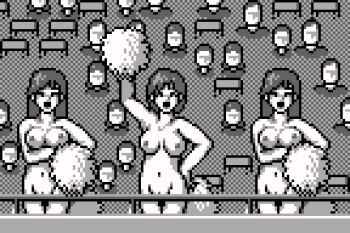 3girls 6+girls arm_up audience blush breasts cheerleader closed_eyes collarbone crowd hand_on_own_hip large_breasts long_hair looking_at_viewer monochrome multiple_girls navel nipples nude open_mouth pixel_art pom_pom_(cheerleading) pussy saiwai_hiroshi short_hair smile standing world_ice_hockey