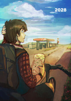 1boy 2028 backpack bag bicycle blue_sky brown_hair closed_mouth cloud commentary day english_commentary gas_station hand_on_own_head highres holding holding_map junpei_(kyokugen_dasshutsu) kyokugen_dasshutsu kyokugen_dasshutsu:_9_jikan_9_nin_9_no_tobira lang95 long_sleeves male_focus map outdoors riding riding_bicycle road short_hair sky solo watch wristwatch
