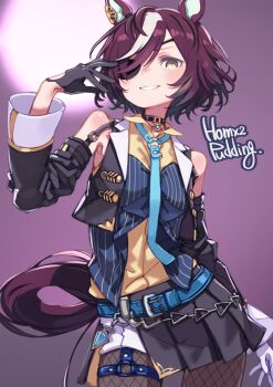 1girl animal_ears black_gloves blue_necktie detached_sleeves eyepatch fishnet_pantyhose fishnets gloves highres horse_ears horse_girl horse_tail looking_at_viewer multicolored_hair necktie pantyhose puddinghomhom shirt skirt smile solo streaked_hair tail tanino_gimlet_(umamusume) umamusume yellow_eyes