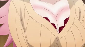 1girl animated animated_gif arahabaki_nonko bouncing bouncing_breasts bra breasts cleavage clothes_lift female_focus large_breasts long_hair pink_hair shirt shirt_lift solo underwear undressing yuragisou_no_yuuna-san