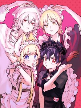 Rule 34 | 1girl, 3boys, animal ears, black hair, blonde hair, china dress, chinese clothes, crossdressing, crossdressing (mtf), dress, fox ears, highres, kemono jihen, kon (kemono jihen), kusaka kabane, long hair, low twintails, maid, maid headdress, mihai florescu, multiple boys, nowaki homuramaru, short hair, twintails, wao (77 af5)