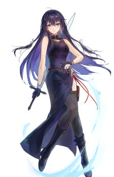 1girl above-cleavage_cutout absurdres ahoge andoff arm_at_side bare_arms bare_shoulders black_boots black_gloves black_thighhighs blue_hair boots chinese_commentary closed_mouth clothing_cutout commentary_request dress earrings floating_hair full_body garter_straps gloves hair_between_eyes highres holding holding_behind_back holding_sword holding_sword_behind_back holding_weapon holding_weapon_behind_back jewelry knee_boots light_smile long_hair looking_at_viewer partially_fingerless_gloves pouch purple_dress purple_eyes purple_hair side_slit simple_background single_earring sleeveless sleeveless_dress solo sword thigh_pouch thighhighs tinasha_(unnamed_memory) unnamed_memory weapon white_background