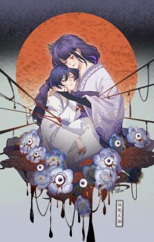 1boy 1girl belt blood blood_drip blood_string bloody_tears braid bridal_gauntlets closed_eyes elicooc eyeliner eyeshadow fan_hair_ornament floral_print flower genshin_impact hair_flower hair_ornament hand_in_another&#039;s_hair hand_on_another&#039;s_back heads_together highres japanese_clothes kariginu kimono layered_clothes layered_kimono layered_sleeves long_hair long_sleeves looking_at_another low-braided_long_hair low-tied_long_hair makeup middle_ring mother_and_son multicolored_hair obi obiage on_flower purple_belt purple_eyes purple_flower purple_hair purple_kimono purple_sleeves raiden_shogun red_eyeliner red_eyeshadow red_lips red_sun sash scaramouche_(genshin_impact) scaramouche_(kabukimono)_(genshin_impact) sidelocks signature smile streaked_hair translation_request white_kimono white_mouth white_sleeves wide_sleeves