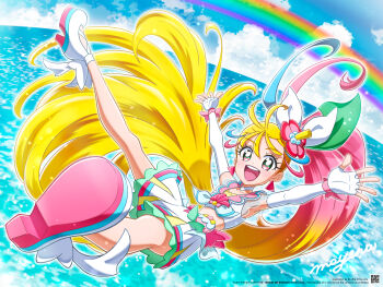 1girl :d artist_name blonde_hair blue_sky blue_streaks blush bow choker cloud cloudy_sky collarbone commentary copyright_notice crop_top cure_summer day earrings elbow_gloves fingerless_gloves flower full_body glove_bow gloves gradient_hair green_eyes green_ribbon hair_between_eyes hair_flower hair_ornament hair_ribbon heart heart_in_eye hibiscus high_side_ponytail highres horizon jewelry long_hair looking_at_viewer magical_girl mayena midriff multicolored_hair natsuumi_manatsu neckerchief ocean official_style open_hands open_mouth outdoors outstretched_arms pact_holder pink_bow pink_hair pink_lips pink_sailor_collar pink_streaks platform_shoes pleated_skirt ponytail pouch precure qr_code rainbow ribbon sailor_collar shell_brooch shoes side_ponytail signature skirt sky smile solo spread_arms spread_fingers spread_legs stomach streaked_hair symbol_in_eye teeth triangle_earrings tropical-rouge!_precure tropical_pact upper_teeth_only very_long_hair white_choker white_gloves white_neckerchief white_shoes white_skirt