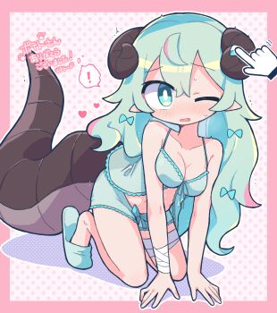 ! 1girl babydoll bandaged_arm bandaged_leg bandages black_horns blush_stickers border borrowed_character bow breasts bright_pupils cleavage collarbone commentary_request commission curled_horns cursor double-parted_bangs dragon_girl dragon_horns dragon_tail fang full_body green_babydoll green_bow green_eyes green_hair green_shorts green_slippers hair_between_eyes hair_bow highres horns long_hair looking_at_viewer medium_breasts navel one_eye_closed open_mouth original outline outside_border pink_border pointy_ears polka_dot polka_dot_background richard_(richaball) short_shorts shorts skeb_commission slippers solo spoken_exclamation_mark sweat tail white_background white_outline white_pupils