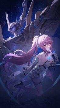 Rule 34 | 1girl, aemeath (wuthering waves), bare shoulders, breasts, chinese commentary, cleavage, commentary request, elbow gloves, exostrider (wuthering waves), gloves, hair ornament, highres, holding, holding microphone, leotard, long hair, looking at viewer, mecha, medium breasts, microphone, open mouth, orange eyes, pink hair, ponytail, robot, shengwr, sidelocks, skirt, smile, tacet mark (wuthering waves), thighs, white gloves, white leotard, white skirt, wuthering waves