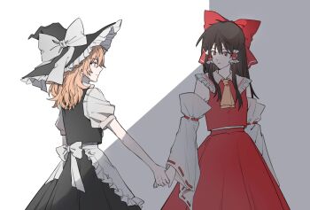 2girls apron ascot back_bow black_skirt black_vest blonde_hair bow brown_hair closed_mouth collared_shirt commentary detached_sleeves expressionless frilled_hair_tubes frills hair_bow hair_tubes hakurei_reimu hand_grab hat hat_bow hitte5416 kirisame_marisa long_hair multiple_girls puffy_short_sleeves puffy_sleeves red_bow red_eyes red_shirt red_skirt ribbon-trimmed_sleeves ribbon_trim shadow shirt short_sleeves simple_background skirt skirt_set sleeveless sleeveless_shirt symbol-only_commentary touhou vest waist_apron wavy_hair white_apron white_background white_bow witch_hat yellow_ascot yellow_eyes yuri