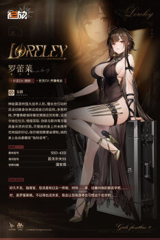 1girl ahoge anti-materiel_rifle bare_legs black_dress bolt_action bracelet breasts bullpup chinese_commentary cleavage dress dsr-50 dsr-50_(girls&#039;_frontline) earrings full_body girls&#039;_frontline girls&#039;_frontline_2:_exilium gun halterneck high_heels highres jewelry large_breasts long_hair looking_at_viewer loreley_(girls&#039;_frontline_2) rifle side_slit sniper_rifle weapon weapon_case weapon_in_garters