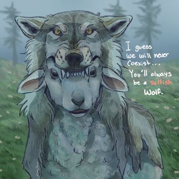 1other animal_focus baby_animal black_eyes blurry blurry_background english_text fishy_tank_06 flower grass highres lamb no_humans original outdoors pelt pine_tree sheep talking tree white_flower