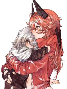 2girls 2koge_25 barefoot black_gloves blush carrying carrying_person child child_carry commentary_request dress gloves goddess_of_victory:_nikke hair_between_eyes height_difference highres holding horns jacket leather leather_jacket long_hair long_sleeves mechanical_horns multiple_girls open_mouth red_hair red_hood_(nikke) red_scarf scarf snow_white_(innocent_days)_(nikke) snow_white_(nikke) tearing_up trembling unzipped white_hair yellow_eyes