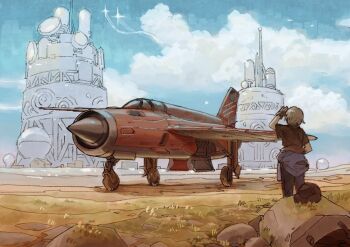 1other aircraft airplane brown_shirt clothes_around_waist cloud cloudy_sky contrail ephe99261012 fighter_jet gloves grass jpeg_artifacts landing_gear looking_afar military_vehicle original outdoors rock satellite shadow shirt shirt_around_waist short_hair sky solo standing tower vehicle_focus wide_shot