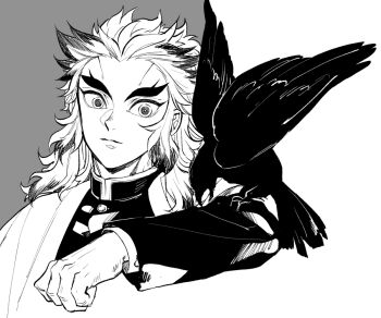 Rule 34 | 1boy, aged down, animal, animal on arm, animal on shoulder, bird, bird on shoulder, cape, closed mouth, commentary request, crow, demon slayer uniform, forked eyebrows, grey background, greyscale, hashimoto (yanagi-momo), jacket, japanese clothes, kimetsu no yaiba, long hair, long sleeves, looking at viewer, male focus, monochrome, multicolored hair, rengoku kyoujurou, simple background, solo, streaked hair, thick eyebrows, two-tone hair, upper body, white background