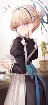 1girl absurdres apron black_dress blonde_hair blue_archive blue_bow blue_eyes blue_halo blush bow braid bun_cover coffee_pot commentary_request cup dress hair_bun hair_intakes half_up_braid halo highres juliet_sleeves jun_daniell long_hair long_sleeves looking_at_viewer looking_back plant potted_plant puffy_sleeves saucer single_hair_bun solo toki_(blue_archive) waist_bow white_apron