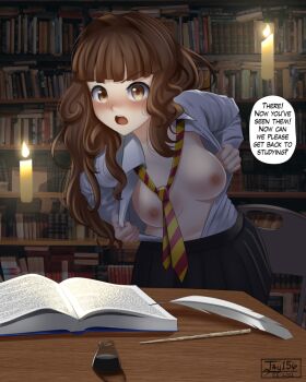 1girl annoyed black_skirt blush breasts brown_eyes brown_hair candle english_text female_focus flashing harry_potter_(series) hermione_granger indoors ink inkwell jay156 library long_hair long_sleeves looking_at_viewer necktie nipples no_bra open_clothes open_mouth open_shirt opened_by_self quill school_uniform shirt skirt solo unbuttoned unbuttoned_shirt wand white_shirt wizarding_world