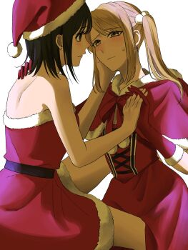 000purin00 2girls black_hair blush brown_eyes brown_hair capelet closed_mouth commentary_request dress earrings elbow_gloves gloves hand_on_another's_face hat highres holding_hands interlocked_fingers jewelry leg_between_thighs multiple_girls original parted_lips red_capelet red_dress red_gloves red_hair santa_costume santa_dress santa_hat short_hair simple_background smile strapless strapless_dress stud_earrings twintails white_background yuri