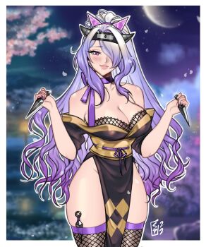1girl blush breasts camilla_(fire_emblem) camilla_(ninja)_(fire_emblem) cherry_blossoms choker cleavage cleft_of_venus fire_emblem fire_emblem_fates fire_emblem_heroes fishnet_thighhighs fishnets hachimaki hair_ornament headband kunai large_breasts long_hair looking_at_viewer ninja nintendo official_alternate_costume outdoors ponytail purple_eyes purple_hair ribbon side_slit snazzypumpkin solo thighhighs wavy_hair weapon