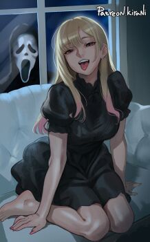 1girl 1other :p arm_support barbell_piercing barefoot black_dress blonde_hair breasts couch dress ear_piercing earrings feet ghostface gradient_hair highres indoors industrial_piercing jewelry kirani kitagawa_marin large_breasts long_hair looking_at_viewer multicolored_hair nail_polish on_couch open_mouth patreon_username piercing pink_eyes pink_hair pink_nails puffy_short_sleeves puffy_sleeves scream_(movie) short_sleeves sitting solo_focus sono_bisque_doll_wa_koi_wo_suru toes tongue tongue_out two-tone_hair window yokozuwari