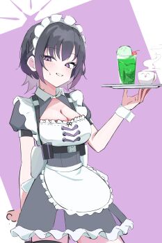 1girl :d absurdres apron arm_behind_back black_dress black_hair blue_archive blush breasts cherry cleavage cleavage_cutout clothing_cutout coffee_mug collared_dress cowboy_shot cup doodle_sensei_(blue_archive) dress drink food frilled_apron frilled_dress frills fruit gradient_hair hair_between_eyes half-closed_eyes halo head_tilt highres holding holding_plate kayokolove3_17 large_breasts looking_at_viewer maid_apron maid_headdress mug multicolored_hair official_alternate_costume open_mouth plate puffy_short_sleeves puffy_sleeves purple_eyes purple_hair purple_halo sensei_(blue_archive) short_hair short_sleeves smile solo subaru_(blue_archive) underbust white_wrist_cuffs wrist_cuffs