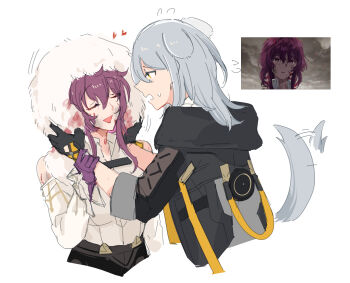 Rule 34 | 2girls, animal ears, bare shoulders, black gloves, black hoodie, closed eyes, cropped torso, dog ears, facing another, flying sweatdrops, gloves, grey hair, heart, highres, hinagi (fox priest), honkai: star rail, honkai (series), hood, hoodie, kafka (honkai: star rail), kemonomimi mode, long hair, long sleeves, looking at another, multiple girls, purple gloves, purple hair, smile, stelle (honkai: star rail), sweat, tail, tail wagging, tearing up, three-quarter sleeves, trailblazer (honkai: star rail), white background, wiping, yellow eyes