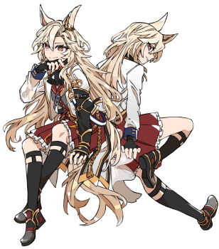 1girl animal_ears ascot asuka_(junerabitts) black_ascot black_gloves black_socks breasts brown_eyes closed_mouth commentary_request ear_ornament fingerless_gloves gloves grey_hair grey_vest hair_between_eyes horse_ears horse_girl horse_tail jacket kneehighs long_hair long_sleeves looking_at_viewer open_clothes open_jacket original red_skirt shirt shoes simple_background skirt smile socks tail umamusume vest white_background white_jacket