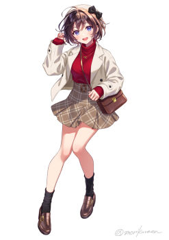 1girl bag black_bow black_hair black_socks blue_eyes bow brown_jacket brown_shoes brown_skirt comiket_107 commentary_request full_body hair_bow hand_up high-waist_skirt highres jacket jewelry layered_sleeves loafers long_sleeves looking_at_viewer miniskirt morikura_en necklace open_clothes open_jacket open_mouth original plaid_clothes plaid_skirt red_sweater shoes short_hair shoulder_bag simple_background skirt sleeves_past_wrists smile socks solo standing sweater sweater_tucked_in turtleneck turtleneck_sweater twitter_username white_background