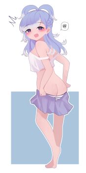 1girl absurdres ass blue_eyes blue_hair blush breasts butt_crack highres hololive hololive_indonesia kobo_kanaeru looking_at_viewer open_mouth partially_undressed pulling_own_clothes skirt small_breasts solo surprised undressing viqur virtual_youtuber white_background