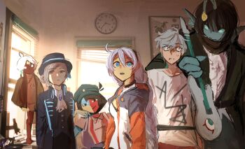 alien_stage anglerfish_boy ascot black_coat black_eyes black_hair black_hat blue_skin blunt_ends boater_hat braid character_request choker clock coat colored_skin commentary crossover ena:_dream_bbq ena_(dream_bbq) ena_(series) english_commentary fins fish_boy green_hat grey_choker grey_hair guitar hair_bun hat head_fins highres holding holding_guitar holding_instrument ianyunqi instrument jacket kiana_kaslana kiana_kaslana_(white_comet) long_hair long_sleeves multicolored_skin multiple_crossover pressure_(roblox) red_skin reverse:1999 sebastian_solace shirt short_hair single_side_bun sky:_children_of_the_light till_(alien_stage) vertin_(reverse:1999) very_short_hair wall_clock white_ascot white_hair white_jacket white_shirt window yellow_skin